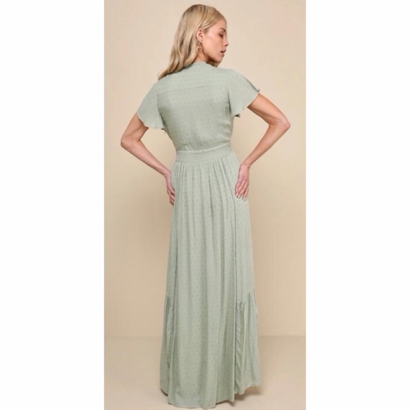 LULU’S • Sage Green Completely In Love Swiss Dot Button-Front Maxi Dress, S - Picture 4 of 16